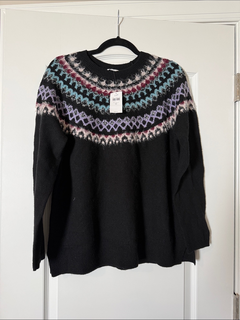 J. Jill Black Crewneck Sweater with Teal, Lavender & Burgundy Fair Isle Yoke